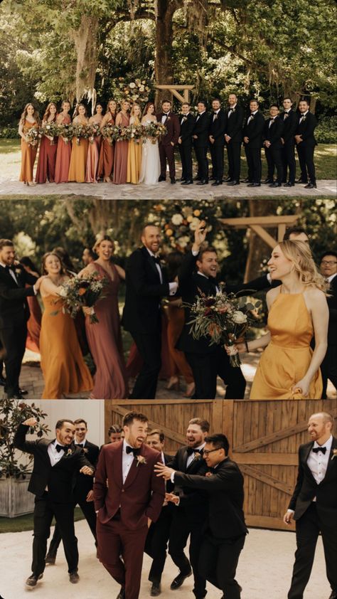 Fall Wedding Bridal Party Groomsmen, Rust Groomsmen Suits, Fall Colored Groomsmen, Fall Wedding Bridesmaids And Groomsmen, October Wedding Mens Suits, Fall Groomsmen Attire Black, Groomsmen And Bridesmaids Colors Fall, Fall Bridal Party Attire Color Schemes, Matching Bridesmaids And Groomsmen