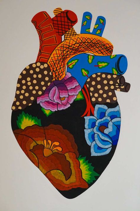 Mexican Flaming Heart, Mexican Sacred Heart Art, Latin American Paintings, Heart Mexican Art, Mesoamerican Architecture, Milagros Heart Mexican Folk Art, Fauvism Art, Latin Artists, Heart Drawing