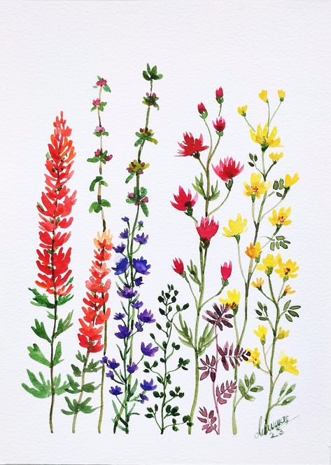 Handmade Watercolor Wildflower Garden Painting /Wildflowers small gift painting Yellow Flowers Painting, Painting Wildflowers, Nice Tattoos, Painting Birds, Gift Painting, Doodle Art Flowers, Easy Flower Painting, Wildflower Paintings, Blue Flower Painting