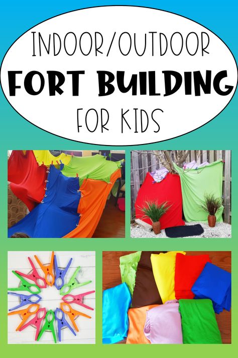 There are 2 forts - one built inside the other outside.  There are 2 images of clips and fabrics that are ideal to use. Fort Building Ideas, Building Ideas For Kids, Blocks Center, Outdoor Forts, Fort Building, Elementary Stem Activities, Rainy Day Activities For Kids, Mothers Of Boys, Kids Forts