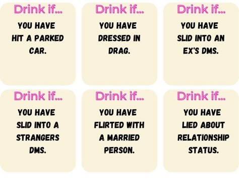 Drink Cards Ideas, Drinking Card Games Diy, Drink If Questions, Drinking Games Cards, Drinking Dice Games, Drinking Cards, Gals Night, Bachelor Party Games, Drunk Games