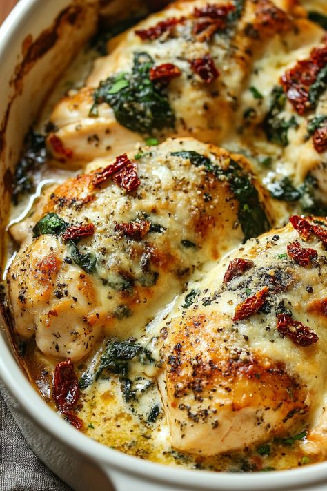 Baked Tuscan Chicken Casserole Good Chicken Dinners, Spinach Chicken Bake Recipes, Chicken Dishes For Dinner Baking, Chicken Recipes For Oven, Spinach Dishes Dinners, Chicken Spinach Mushroom Casserole, Chicken Spinach Mushroom Lasagna, Baked Dishes For Dinner Healthy, Italian Chicken Bake Recipes