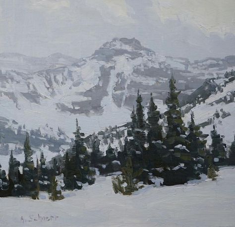 Old Winter Paintings, Winter Mountain Scene, Snowy Road Painting, Snowy Hills Painting, Snowy Scene Painting, Winter Painting Aesthetic, Winter Impressionist Paintings, Snow Forest Art, Snowy Landscape Painting