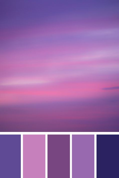 A serene sky during twilight, painted in gradient shades of purple and pink. The soft, blended colors create a peaceful and enchanting purple color palette. Pink Purple Color Palette, Color Palette Purple, Color Scheme Generator, Purple Color Palette, Purple Color Schemes, Blended Colors, Purple Color Palettes, Color Harmony, Color Palette Generator