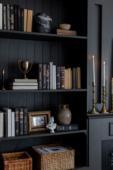 Touches of Fall At Home Dark Bookshelves, Black Bookshelf, Bookcase Styling, Black Shelves, Cozy Fall Decor, Bookshelf Styling, Bookshelf Decor, Shelf Styling, Have A Beautiful Day