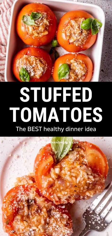 Filled with an irresistible cheesy mushroom risotto stuffing, these juicy stuffed tomatoes are baked to perfection. You can make this impressive dish with only eight simple ingredients and in under 30 minutes. Cheesy Risotto, Rice Stuffing, Stuffed Tomatoes, Recipe Italian, Protein Pasta, Tomatoes Recipe, Favorite Recipes Dinner, Mushroom Risotto, Juicy Tomatoes