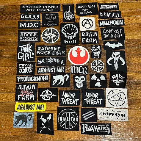 Ideas For Patches, Punk Rock Patches, Crust Patch Ideas, Punk Symbols Meaning, How To Make Patches Punk, Battle Jacket Diy Punk Patches, Patch Ideas Clothing, Patch Design Ideas Punk, Homemade Patches Punk