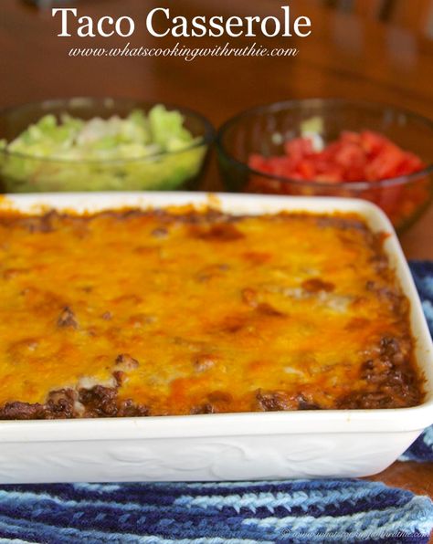 Taco Casserole by www.whatscookingwithruthie.com Taco Casserole, Taco Stuffed Shells, Mexican Dishes, Main Dish Recipes, Casserole Recipes, Casserole Dishes, Yummy Dinners, Delicious Recipes, Easy Dinner