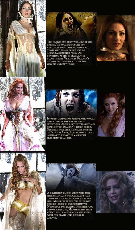 These are the Brides of Dracula from the movie Van Helsing. They influenced my version of Dracula's Brides. Vampire Brides Van Helsing, Dracula And His Brides, Draculas Brides Van Helsing, Josie Maran Van Helsing, Can Helsing Vampires, Vampire Characters Movies, Van Helsing Vampires Brides, Dracula Bride Costume, Van Helsing Dracula Brides