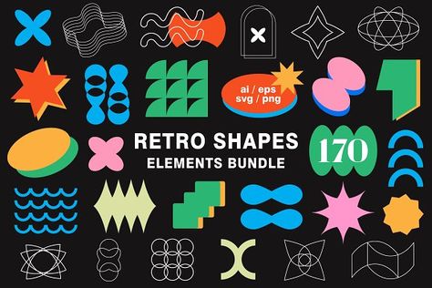 Shapes Elements Of Design, 70s Retro Flat Style Graphic Design, Retro Futuristic Elements, Retro Aesthetic Design, Y2k Design Elements, 80s Symbols, Y2k Silhouette, Geometric Stickers, Retro Symbols