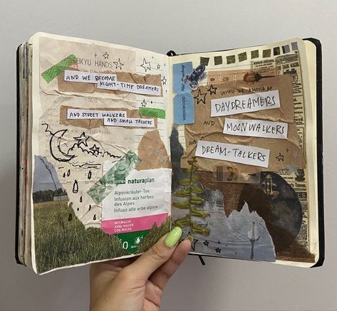 Art Journaling Aesthetic, Cool Journal Pages, Junk Journal Spread, Messy Journal Ideas, Aesthetic Journal Ideas Art, Messy Journaling, Art Journal Inspiration Aesthetic, Collage Book Ideas, Messy Scrapbook