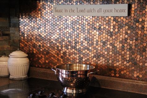 Kitchen: Penny Stove Backsplash...For the Love of Copper! - Forget Him Knot Penny Wall, Countertop Concrete, Penny Backsplash, Copper Kitchen Backsplash, Backsplash Diy, Penny Floor, Stove Backsplash, Copper Backsplash, Copper Tiles