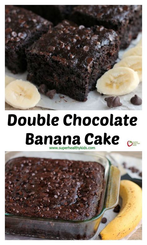 Double Chocolate Banana Cake - This lightened up chocolate cake has no oil, uses bananas and applesauce to keep it moist, and has just the right amount of chocolate to make it feel like an indulgent treat. No frosting required!  http://www.superhealthykids.com/double-chocolate-banana-cake/ Dessert Light, Healthy Chocolate Cake, Chocolate Banana Cake, Sweets Chocolate, 8x8 Pan, Dessert Breakfast, Vegan Pie, Banana Chocolate, Banana Recipes