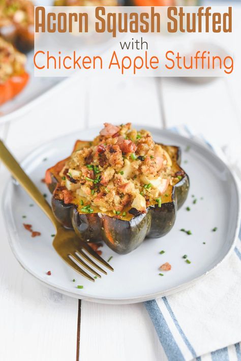 Acorn Squash Recipes Healthy, Acorn Squash Stuffed, Acorn Squash Roasted, Sausage Stuffed Acorn Squash, Apple Stuffing, Chicken Apple, Stuffed Acorn Squash, Acorn Squash Recipes, Chicken Apple Sausage