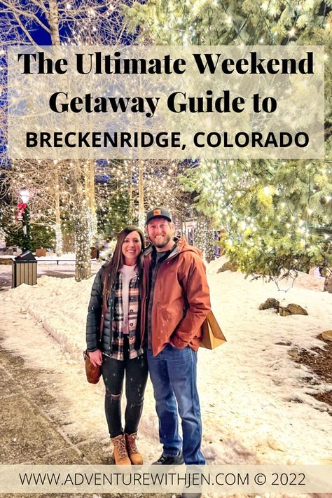 Young couple standing in front of magical looking pine trees strung with twinkle lights and capped in snow in downtown Breckenridge, Colorado. Right off Main Street on a snowy weekend getaway to one of Americas favorite ski towns. Breckenridge Colorado Winter, Colorado Ski Trip, Colorado Rocky Mountains, Snowboarding Trip, Winter Trip, Colorado Winter, Ski Town, Breckenridge Colorado, Colorado Skiing