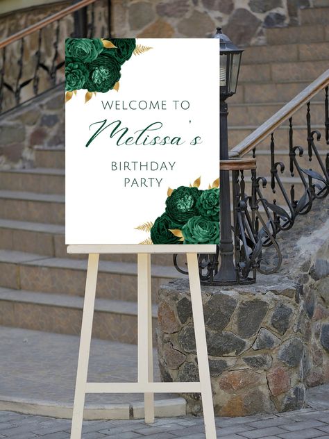 Editable emerald green and gold birthday welcome sign, perfect for your next birthday party or birthday dinner. This floral welcome poster can be edited yourself using Canva. Print at home or take completed file to your local print shop and have them print. Print size is 18x24.  All the wording is editable. Details: emerald green and gold birthday party welcome sign, floral design. Wording can be changed to accommodate all the great milestone birthdays such as 18th birthday 21st birthday, 30th birthday, 40th birthday, 50th birthday, 60th birthday and so on! HOW IT WORKS: ♥ Once purchased, you will receive a link that will take you to Canva.com where you will be able to edit the template. You will be able to edit wording, font, and font size,  Save your template and download. You can use th Black And Emerald Green Birthday Party, 21st Birthday Ideas Green And Gold, Green And Gold 70th Birthday, Emerald Green Birthday Party Ideas Simple, Emerald Green 50th Birthday Party, Green White And Gold Birthday Party, Emerald Green Birthday Decorations, Emerald Green And Gold Graduation Party, Green Table Decorations Birthday Parties