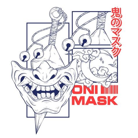 Japanese demon oni mask illustration t s... | Premium Vector #Freepik #vector Japan Mask Art, Japanese Illustration Design, Oni Mask Drawing, Asian Illustration, Japanese Graphics, Mask Illustration, Japanese Demon, Demon Mask, Japan Graphic Design