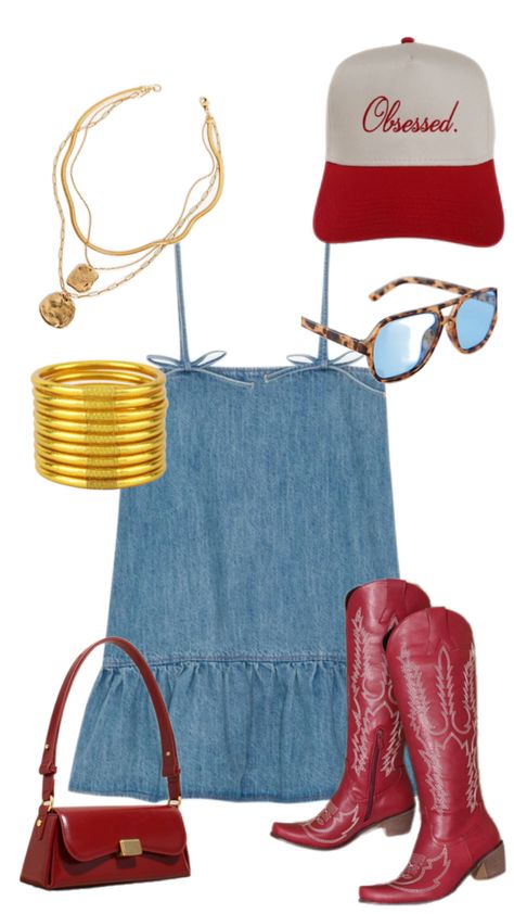 Denim Dress Outfit Gameday, Tampa Bay Buccaneers Game Day Outfits, Things To Wear To A Country Concert, Txst Game Day Fits, Outdoor Music Festival Outfits Fall, Overalls Country Concert Outfit, Western Game Day Outfits, Jingle Ball Concert Outfit Ideas, Leather Skirt Cowboy Boots Outfit