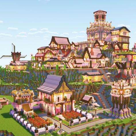 Minecraft Cherry Blossom Village Tutorial Cherry Grove Village Minecraft, Minecraft Flower Castle, Cherry Blossom Path Minecraft, Cherry Village Minecraft, Cherry Blossom Castle Minecraft, Minecraft Cherry Blossom Village, Cherry Blossom Village Minecraft, Cherry Minecraft Builds, Cherry Blossom Builds