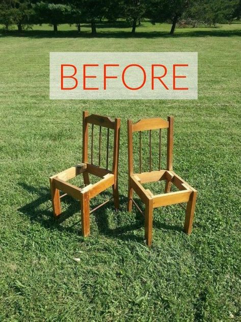 Wooden Chair Makeover, Old Wooden Chairs, Upcycle Chair, Sleigh Bed Frame, Old Bed Frames, Wooden Outdoor Furniture, Chair Makeover, Old Chairs, Old Chair