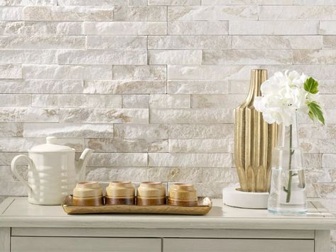 Del Sol Quartzite Splitface Ledger Panel | Floor and Decor White Stone Backsplash, Stacked Stone Backsplash, Rock Backsplash, Cladding Stone, Ledger Stone, Natural Stone Backsplash, Stone Backsplash Kitchen, Modern Living Room Wall, Marble Showers