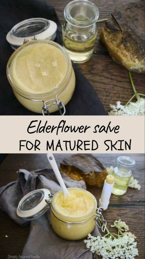 This elderflower salve enhanced with Frankincense oil has positive effects on older skin and prevents signs of ageing making it ideal for mature skin #elderflowersalve, #naturalskincare, #herbaldiy, #elderflowers, #herbalism, #herbalhealth Săpunuri Handmade, Salve Recipes, Herbal Salves, Healing Salves, Herbal Recipes, Natural Healing Remedies, Frankincense Oil, Baking Soda Shampoo, Herbal Healing