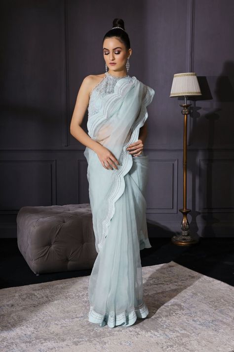 Ice blue silk organza scalloped saree with a scalloped crop top and bustier in crepe with hand embellished resham and sequin cutdana Ice Blue Saree, Scalloped Saree, Blue Drapes, Top Bustier, Drape Saree, Desi Style, Blue Saree, Indian Couture, Organza Saree