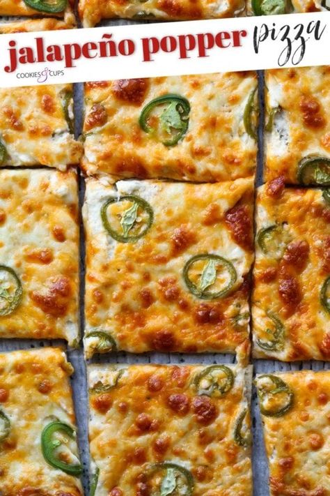 Jalapeño Popper Pizza is the ultimate party food mash up! You have the cheesy, spiciness from a jalapeño popper on top of a pizza crust. This is easy pizza recipe that everyone will love! #cookiesandcups #jalapenopoppers #pizza #mashup #partyfood #gameday Jalapeno Popper Pizza, Spicy Pizza, Cookies And Cups, Pizza Dough Recipe Easy, Brown Butter Chocolate Chip Cookies, Chocolate Chip Cookies Ingredients, Classic Appetizers, Cookie Pizza, Pizza Recipes Easy