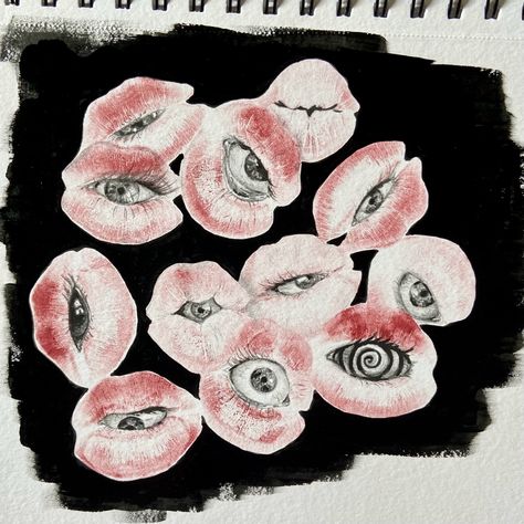 pencil drawn eyes in the gaps of red lipstick kisses with a painted black background Lipstick Eye Art, Lip Eye Drawing, Kiss Lips Drawing Reference, Lipstick Art Drawing Kiss, Lipstick Eyes Drawing, Kiss Eyes Drawing, Lips Eyes Drawing, Lipstick Kiss Art, How To Draw Lipstick