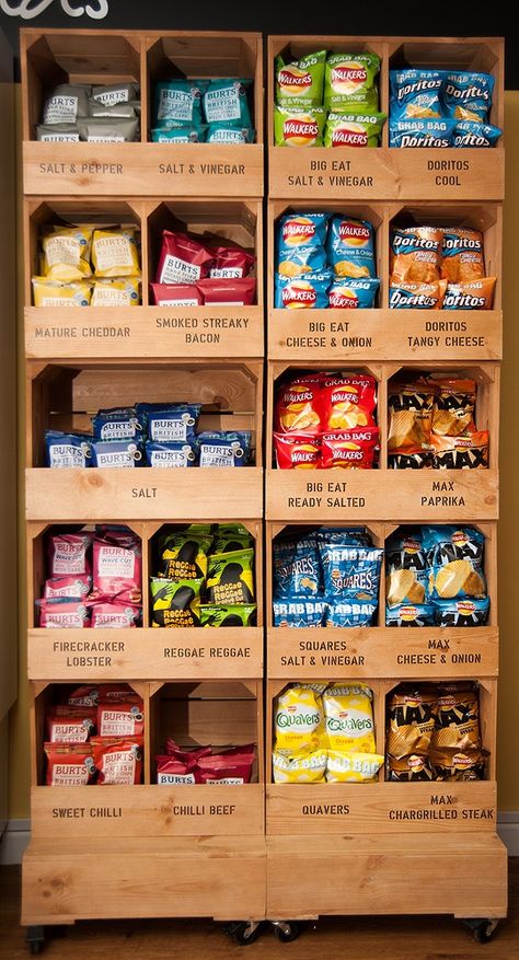 Crate Display, Food Storage Ideas, Snack Display, Gym Bar, Grocery Store Design, Food Retail, Supermarket Design, Store Interiors, Design Websites