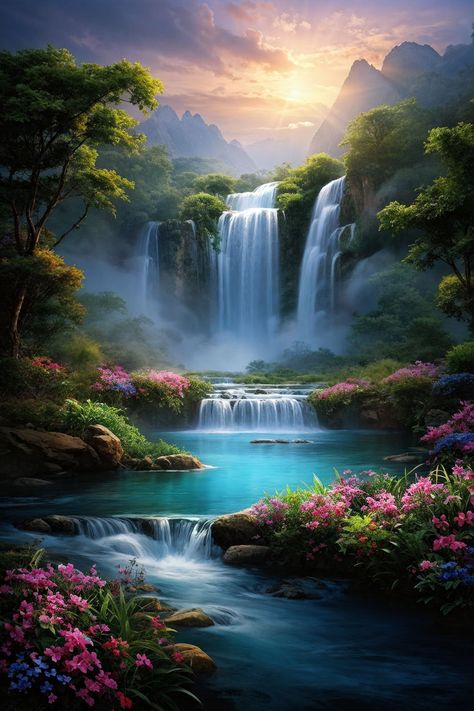 Waterfall Painting On Canvas, Waterfall Fantasy Art, Magical World Art, Waterfalls Painting, Hd Phone Backgrounds, Waterfall Pictures, Waterfall Paintings, Landscape Tattoo, Floral Wall Art Canvases