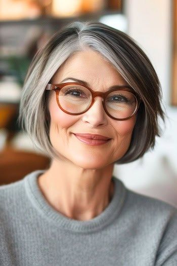 Jaw-Length Layered Bob Short Hairstyle For Women Over 60 With Glasses. Jaw Length Hair With Layers, Gray Bob Hairstyles Over 50, Bob Hairs, Grey Hair And Glasses, Valance Ideas, Grey Bob Hairstyles, Mama Hair, Grey Hair Over 50, Haircut 2024