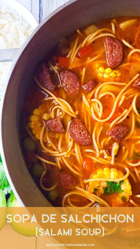 Sopa de Salchichon Salami Soup, Mexican Soups, Spanish Soup, Puerto Rican Dishes, Mexican Appetizers, Boricua Recipes, Mexican Soup, Rican Food, Puerto Rican Recipes