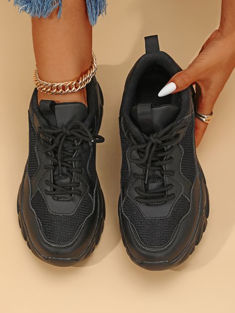 Black Sporty Collar   Plain Chunky Sneakers Embellished   Women Shoes All Black Sneakers Outfit, Black Sneakers Women Fashion Styles, Black Sneakers Outfit Women Casual, Black Shoes Sneakers Women, Black Sneakers Aesthetic, Trendy Black Sneakers, Chunky Black Sneakers, Zapatillas 47 Street, Shoe Plug