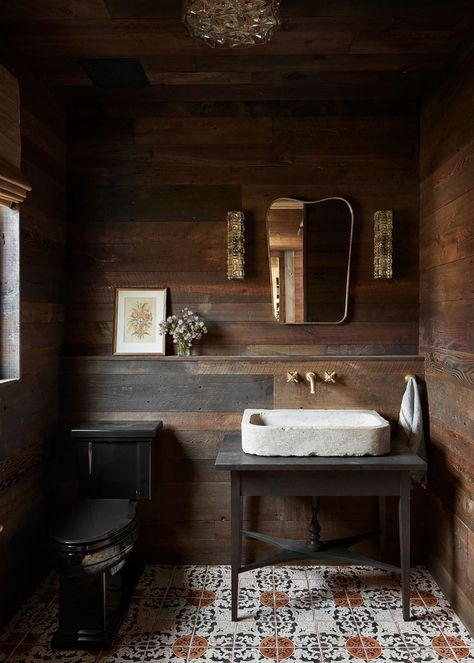 Charles and Co Dutchess County Montana Bathroom, Ranch House Interior, Modern Cabin Bathroom, Hunting Lodge Interiors, Cowboy Cabin, Log Cabin Bathroom, Ranch Interior, Western Luxury, Lodge Bathroom