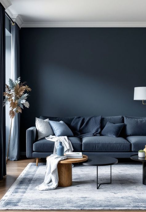 Dark Grey Couch Living Room Ideas Living Room With Dark Blue Sofa, Dark Grey And Blue Living Room, Dark Blue Sofa Living Room Ideas, Gray Blue Couch, Dark Blue Grey Paint, Grey Couch Living Room Ideas, Sofa Neutral, Dark Grey Couch, Dark Grey Couch Living Room