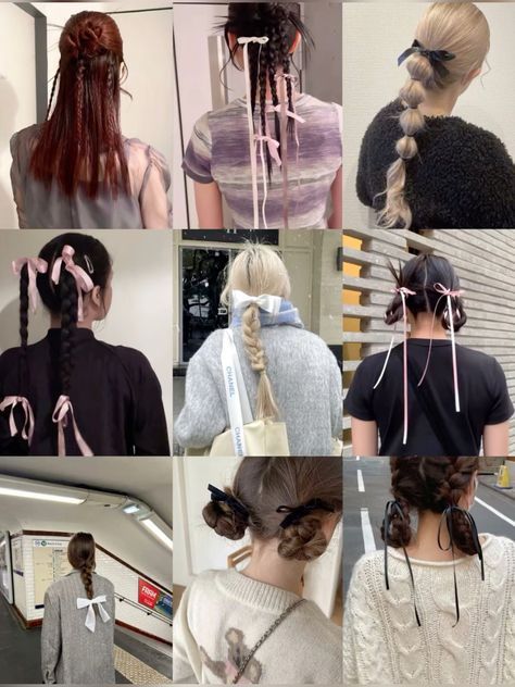 2 Ribbon Hairstyle, Braids And Ribbons Hairstyles, Tied Hair Hairstyles, Two Braids With Ribbon, How To Tie Ribbon In Hair, One Hair Tie Hairstyles, Tie Up Hairstyles, Tied Hairstyle, Hairstyle With Ribbon