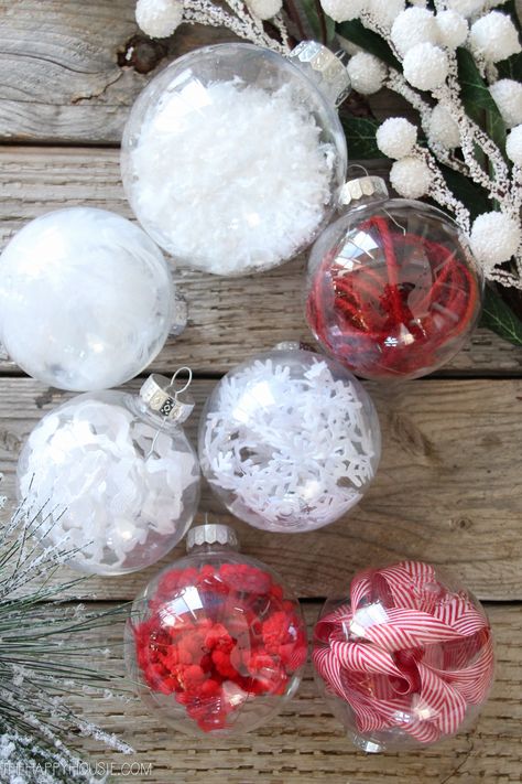 DIY Stuffed Clear Plastic Christmas Ornaments | The Happy Housie Christmas Ornament Balls Diy, Diy Fillable Ornaments, Clear Ball Ornament Ideas, Clear Ornaments Diy, Fillable Ornament Ideas, Christmas Dates, Christmas Chronicles, Ornaments Diy Christmas, Clear Christmas Ornaments