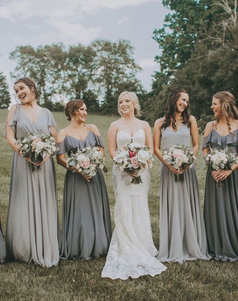 Jenny Yoo Bridesmaids, various mix n match long luxe chiffon styles in a shades of blue and grey. These styles feature unique flutter sleeve details, v-necklines, convertible straps and high halter necklines! These mismatched modern and boho bridal party dresses would be stunning for a spring or summer wedding. Wedding Photography by Teale Gunter. #bohobridaljewelryjewels Gray Bridesmaid Dresses, Chiffon Styles, Grey Wedding Theme, Bridal Parties Colors, Wedding Photography Bridal Party, Holly Wedding, Jenny Yoo Bridesmaid, Stunning Bridesmaid Dresses, Bridesmaid Ideas