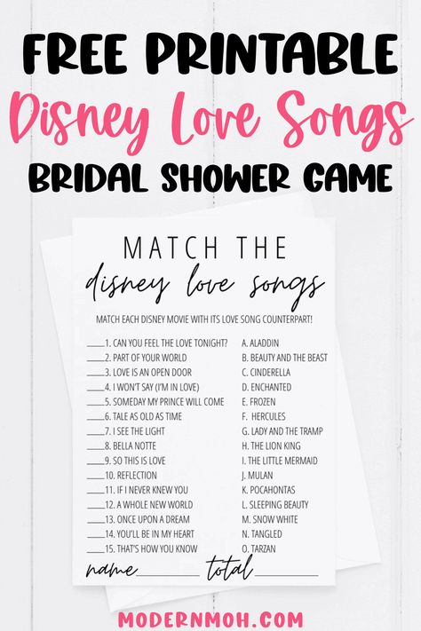 Disney Love Songs Game Free Printable Beauty And The Beast Bridal Shower Games, Song Questions, Disney Themed Bridal Shower, Disney Love Songs, Bridal Shower Games Prizes, Disney Love Quotes, Disney Quiz, Princess Games, Disney Bridal Showers