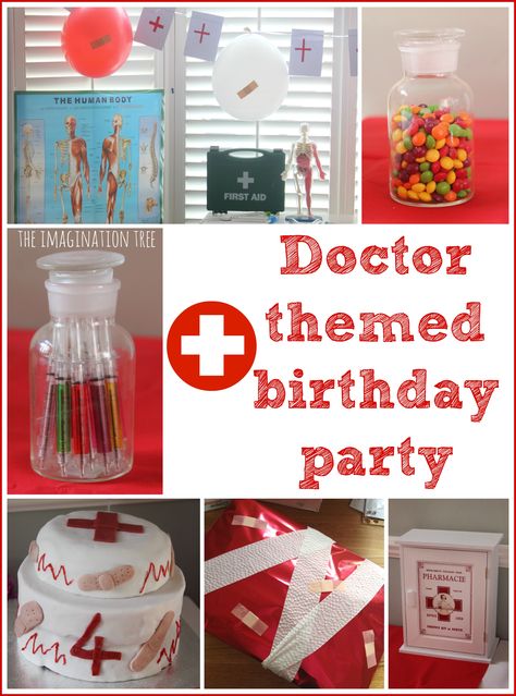 Doctor themed birthday party with ideas for food, decorations and party games! Medical Themed Parties, Medical Party, Doctor Party, Doctor Birthday, Nurse Party, Graduation Party Games, Doc Mcstuffins Party, Flower Birthday Party, Fest Temaer