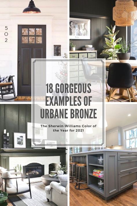 Urbane Bronze Sherwin Williams Living Rooms, Bronze Sherwin Williams, Best Sherwin Williams Accent Wall Colors, White House Urbane Bronze Trim, Urbane Bronze Shiplap Wall, Urbane Bronze Island With White Cabinets, Urban Bronze Shiplap Wall, Kitchen Urbane Bronze, Urbane Bronze Home Exterior