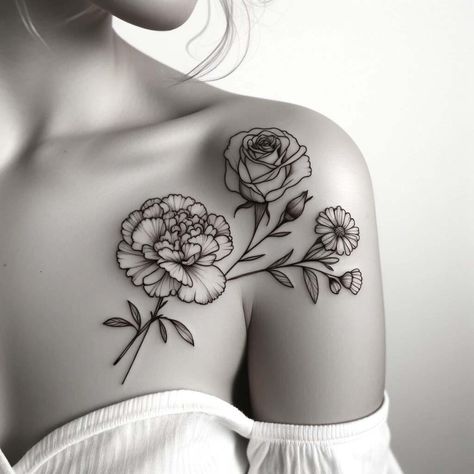 Small Tattoo Ideas Patchwork, Marigold Tattoo Black And Grey, Carnation Collar Bone Tattoo, Daffodil Chest Tattoo, Rose Marigold Tattoo, Marigold Chest Tattoo, Woman’s Neck Tattoos, Carnation Shoulder Tattoo, Marigold And Rose Flower Tattoo