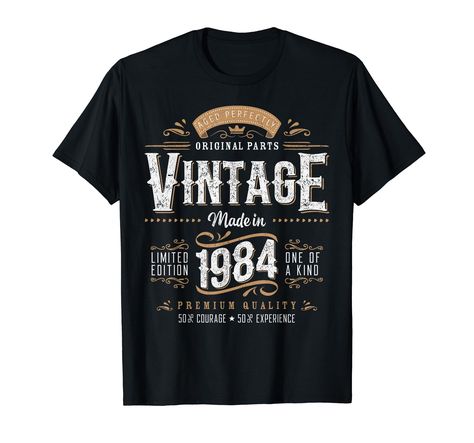 PRICES MAY VARY. Funny 40th birthday gift idea for men, women, him, her - Bday Label Vintage 1984 Apparel. Complete set of forty birthday decorations. Age 40 supplies for anniversary decor. Bday outfit for people who born in 1984 Birthday gag gift for 40 year old male or female. Retro 70s 80s 90s Label design. Funny present for friends turning 40, wife, husband, mother, father, legend, girlfriend, boyfriend, parents, mom, dad on happy forty year old birthday party Lightweight, Classic fit, Doubl Vintage Birthday Decorations, 65th Birthday Gifts, 64th Birthday, 75th Birthday Gifts, Anniversary Decor, Gifts Men, 40th Birthday Decorations, 80th Birthday Gifts, 60th Birthday Gifts