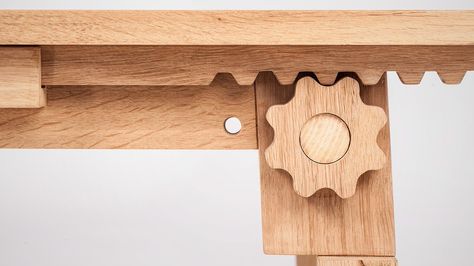 Wooden Cog and Tooth Hill Table Leaf Mechanism Cnc Furniture Plans, Wooden Gears, Cnc Furniture, Joinery Details, Wood Joints, Diy Holz, Contemporary Table, Wood Joinery, Into The Woods