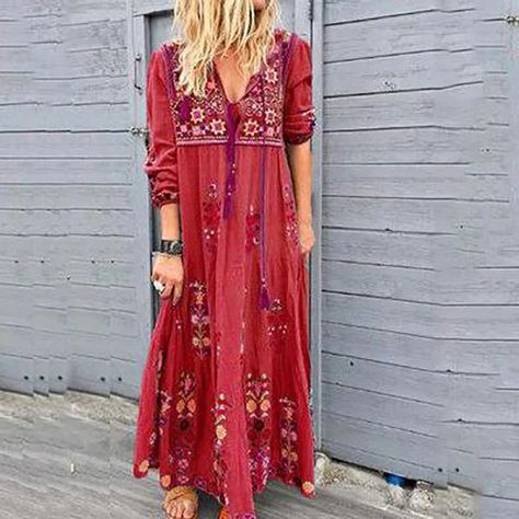 Flowy Sundress, Long Dress Patterns, Plus Size Long Dresses, Long Sleeve Boho Dress, Costume Ball, 파티 드레스, Polyester Dress, Boho Stil, Maxi Dress Party