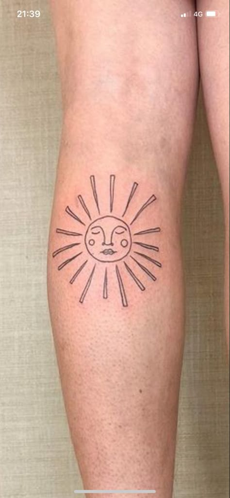 Simple Sun Tattoo With Face, Earthy Leg Tattoo, Sun Patchwork Tattoo, Sun Stamp Tattoo, Midnight Activities, Sun Stick And Poke, Doodle Tattoo Sleeve, Sun Knee Tattoo, Sun Elbow Tattoo