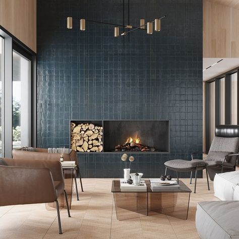 Nimbus 17.6 in. x 47 in. Textured Maastricht Blue Ceramic Rectangle Wall Tile (17.23 sq. ft./case) (3-pack) - Bed Bath & Beyond - 39510562 Porcelain Tile Fireplaces, Modern Electric Fireplace Tile, Modern Metal Fireplace, Midcentury Fireplace Wall, Hotel Lobby Fireplace Design, Tile Feature Wall Living Room, Copper Tile Fireplace, Textured Wall Fireplace, Tiled Modern Fireplace