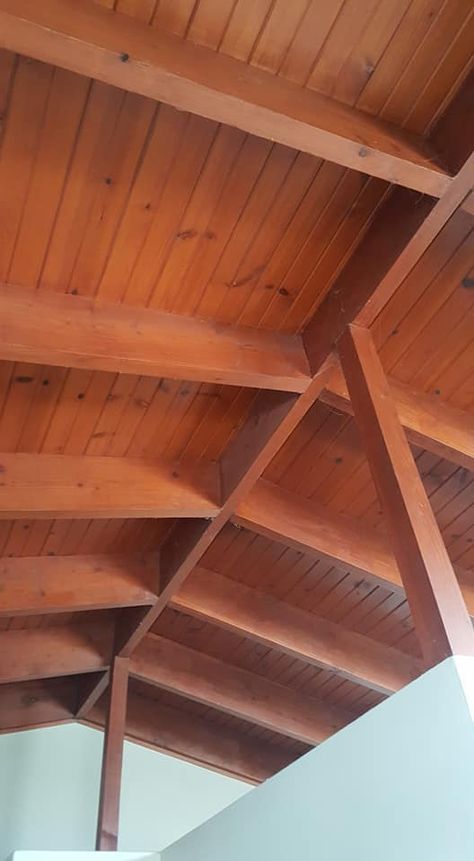 Orange Wood Ceiling, Painted Wood Ceiling, Paint The Ceiling, Ceiling Painted, Mid Century Ceiling, Midcentury House, Plank Ceiling, Timber Ceiling, Wooden Ceiling