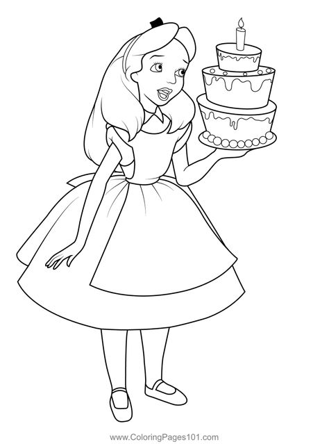 Princess Alice with Birthday Cake Coloring Page Alice In Wonderland Birthday Card, Coloring Pages Alice In Wonderland, Birthday Cake Coloring Page, Alice In Wonderland Coloring Pages, Cake Coloring, Alice And Wonderland Tattoos, Printable Princess, Wonderland Tattoo, Alice In Wonderland Birthday